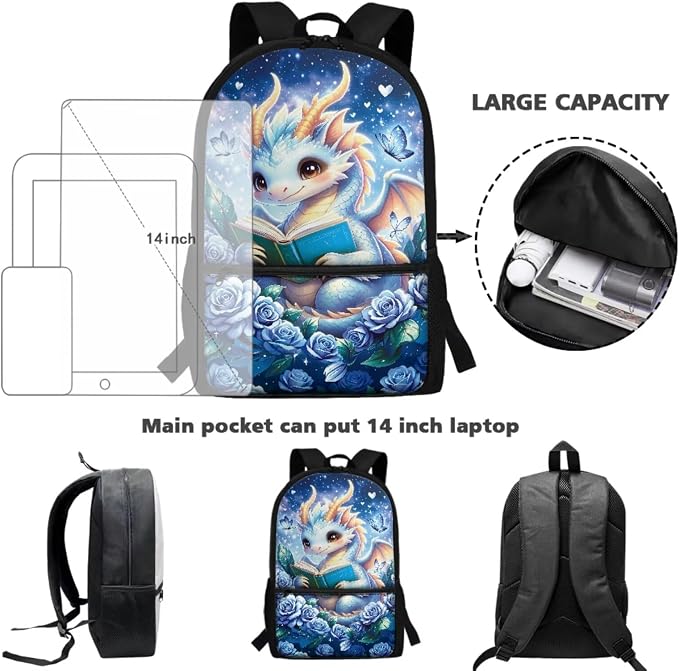Reading Dragon Backpack for Kindergarten Elementary Kids 4 Piece Children School Supplies Set and Lunch Bag, Pencil Case & Water Bottle Sleeve 17'' Large Capacity Bookbag Fits 15+ Books - Image 4