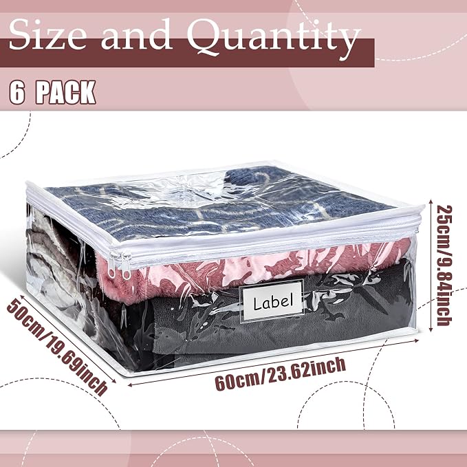 Hoolerry 6pcs Clear Zippered Storage Bag Plastic Individual Sweater Storage Bag with Zipper Label Closet Clothing Organizer for Blanket Clothes Bed Sheet Comforter Quilt Pillow(23.6 x 19.7 x 9.8 Inch) - Image 2
