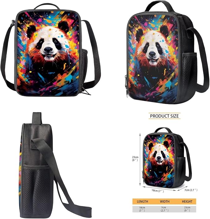 Splatter Oil Panda Print Backpack Set Large Capacity Bookbag Lunch Box Pencil Case College Book Bag with Zipper Pockets 17 Inch Travel Bag Student Rucksack Daypack - Image 4
