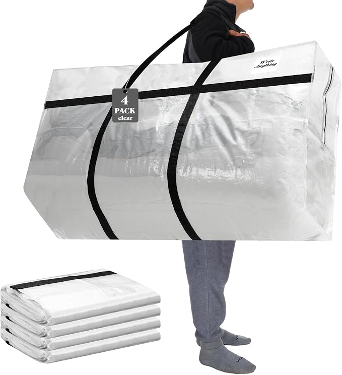 Windyun 4 Pack 69 Gallon Extra Large Moving Bags XXL Heavy Duty Storage Bag with Strong Zipper Handle Jumbo Big Tote Box Foldable for College Dorm Travel Clothes Duffle Blanket Pillow(Transparent) by Windyun