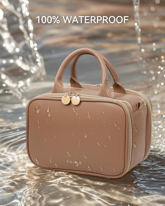 Prite Travel Makeup Bag Women’s Large Capacity Waterproof Cosmetic Organizer Portable Open Flat Toiletry Case with Free-standing Brush Holder and Handle(Brown Large) - Image 6
