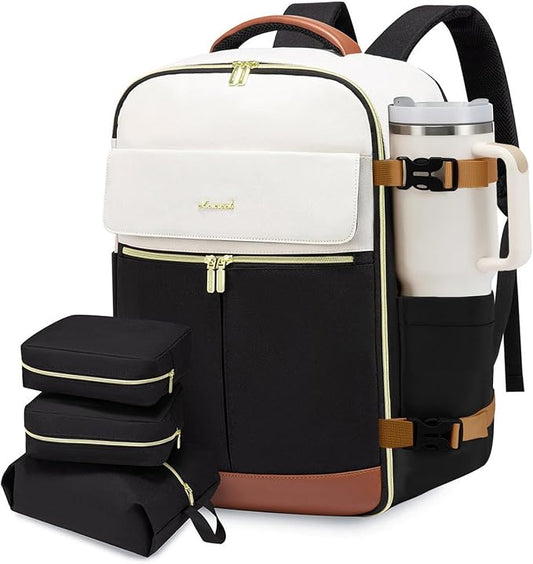 LOVEVOOK Travel Backpack for Women, TSA Carry On Backpack Flight Approved Luggage, 40L Water Resistant Personal Item Daypack Large Weekender Bag fit 17 inch Laptop with 3 Cubes, Beige-black-brown by LOVEVOOK