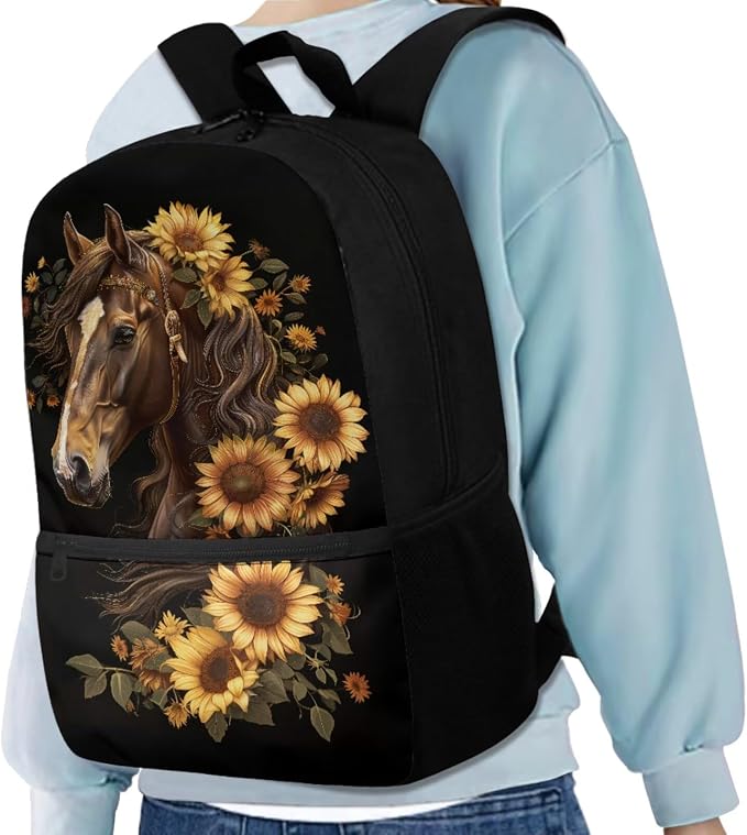 Sunflower Horse Backpack for Girls Kids Backpack with Lunch Box Water Bottle Pouch and Soft Pencil Case 4PCS Set Bookbag with Front Pocket for School Teens 17 inch School Bag with Side Pocket - Image 2