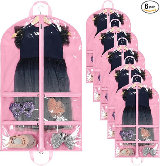 LOVEGRASS Kids Garment Bags for Dance Costumes, 40" Dance Garment Bags for Dancers with 4 Clear Zipper Pockets, Foldable Dance Competition Garment Bags for Hanging Clothes, 6 Pack, Pink by LOVEGRASS