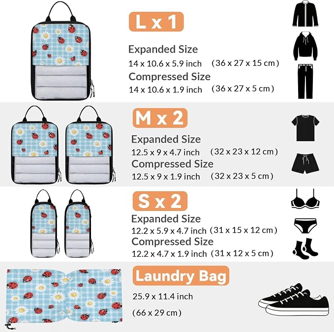 Floral Daisy Ladybugs 6 Set Compression Packing Cubes for Travel Luggage Carry On Suitcase Compressible Expandable Packing Cubes Organizers Bag - Image 2