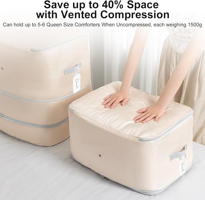 Comforter Storage Bag - 130L Large Capacity Blanket Storage Bags 3-Layer Ultra Space Saving Self Compression Organizer, Washable Compression Bags for Storage Comforter Blanket, 6-Pack, Beige - Image 3