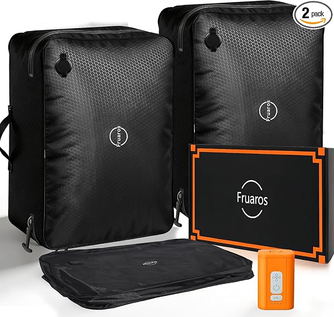 Vacuum bags for travel luggage with Wireless Pump – 270° Open, IP68 Waterproof, Reusable Compression Bags, Pack More in Carry-On & Checked Suitcases by Fruaros