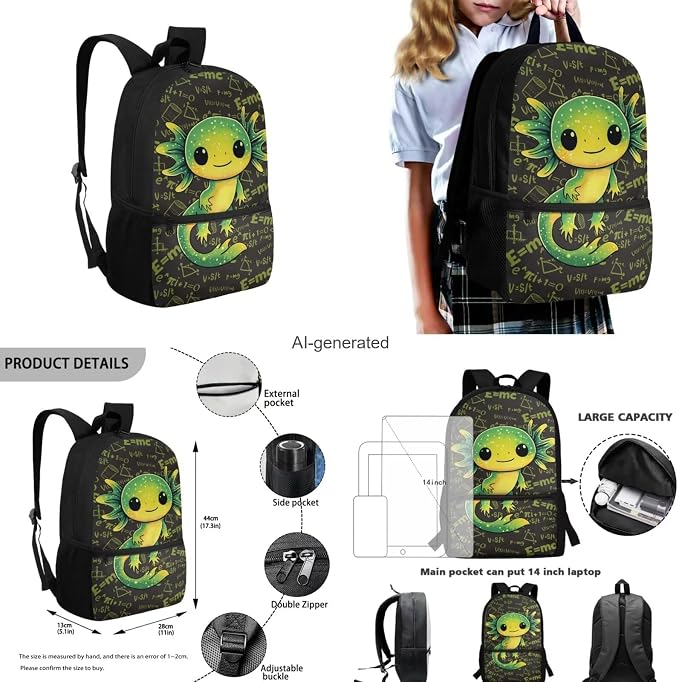 Cute Axolotl Backpack for Girls Boys Backpack with Lunch Box Water Bottle Carrier and Big Pencil Case 4 PCS Set Bookbag with Front Pocket for School 17" Sturdy Elementary School Bag for Kids - Image 3