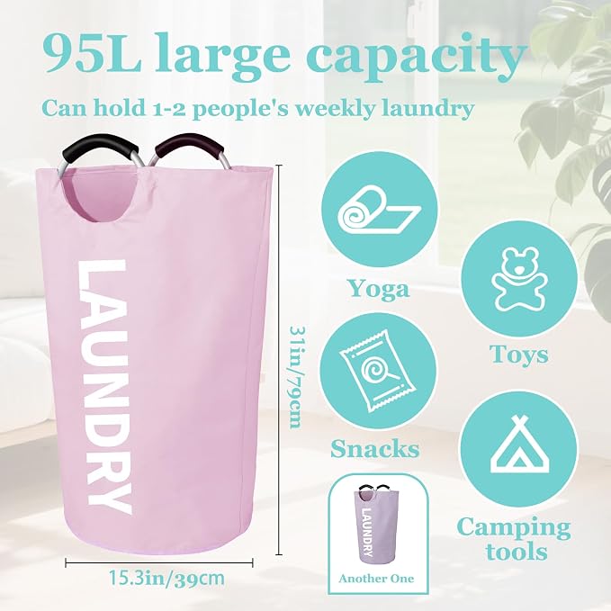 WOOHA Collapsible Laundry Hamper, 95L Large Laundry Basket with Handle, 600D Oxford Fabric Dirty Clothes Hamper, Standing Clothes Basket for Bathroom, Dorm, Laundry Room, Pink+Purple - Image 2