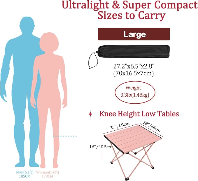 Grope Portable Camping Table with Aluminum Table Top, Folding Beach Table Easy to Carry, Prefect for Outdoor, Picnic, BBQ, Cooking, Festival, Beach, Home (Pink-L) - Image 3