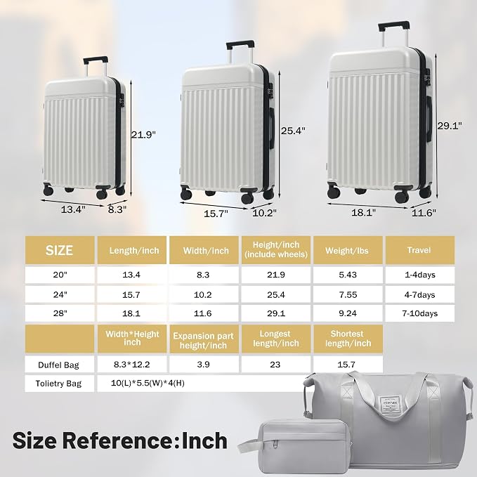 Merax Luggage Sets, Durable Hardshell 3 Piece Suitcase with Bags | Lightweight Carry on Luggage with Double Spinner Wheels and TSA Lock,20+24+28 inches,White Grey - Image 2