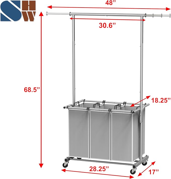 Simple Houseware 3 Bags Laundry Sorter Cart with Hanging Rod, Silver | Extendable Width from 30.6 to 48", Removable 3-Section Laundry Basket - Image 2
