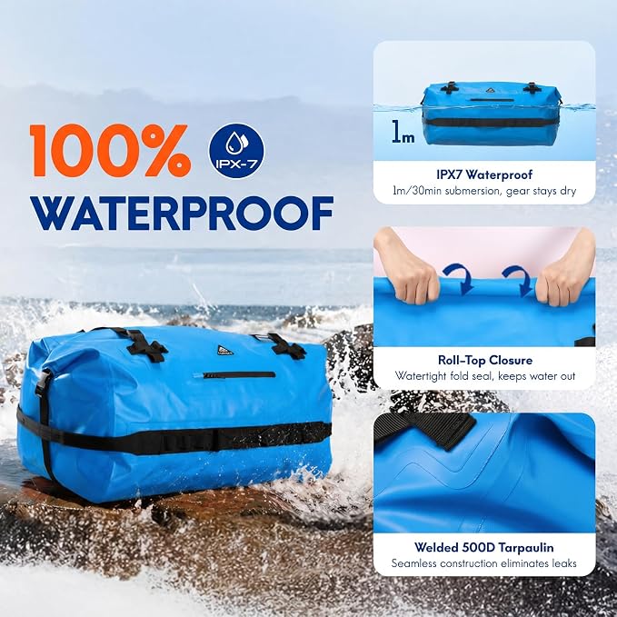 Haimont IPX7 Waterproof Roll-Top Dry Duffel Backpack | 60L/90L Sizes, 500D Tarpaulin, Welded Seams, Mesh Pockets, Boating & Kayaking - Image 2