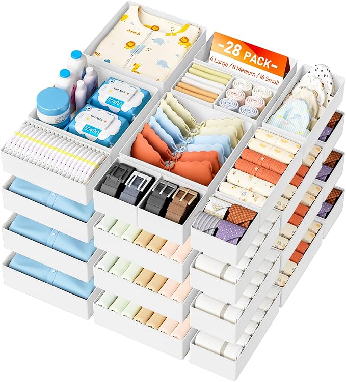 DIMJ Drawer Organizer Clothes - 28 Pack Baby Dresser Organizer for Nursery Closet Organization, Fabric Drawer Organizer Bins for Underwears Socks Bras, Foldable Storage Dividers for Bedroom by DiMJ