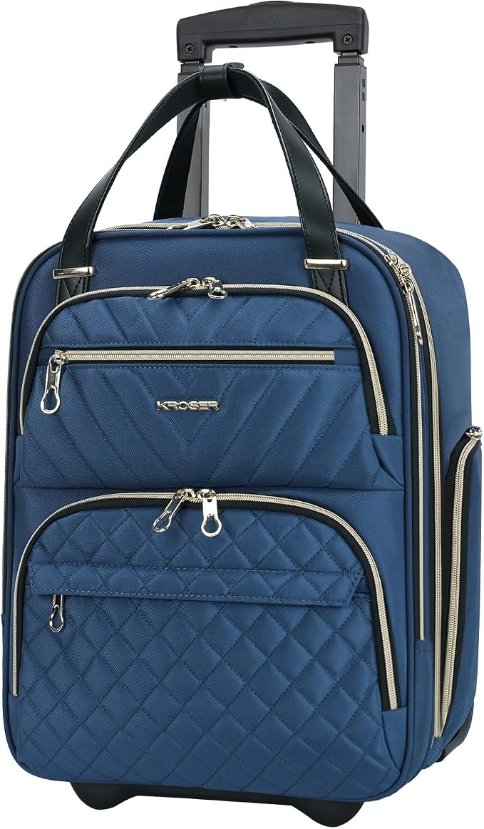 KROSER Carry On Underseat Multi-functional, 16-inch Underseater Lightweight Overnight Suitcase for Men Women, Haze Blue/Gold by KROSER