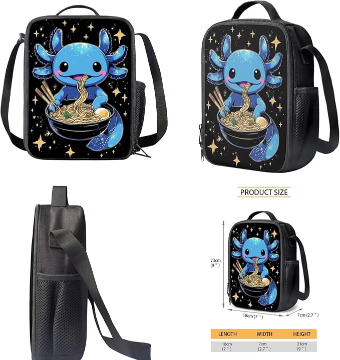 Blue Axolotl Backpack with Lunch Box Kids Girls 6-8/5-7 Ramen Elementary School Bookbag Lunchbox Pencil Case Water Bottle Holder Galaxy Anime Book Bag 4 in 1 Student Back Pack Set 1st Grade - Image 5