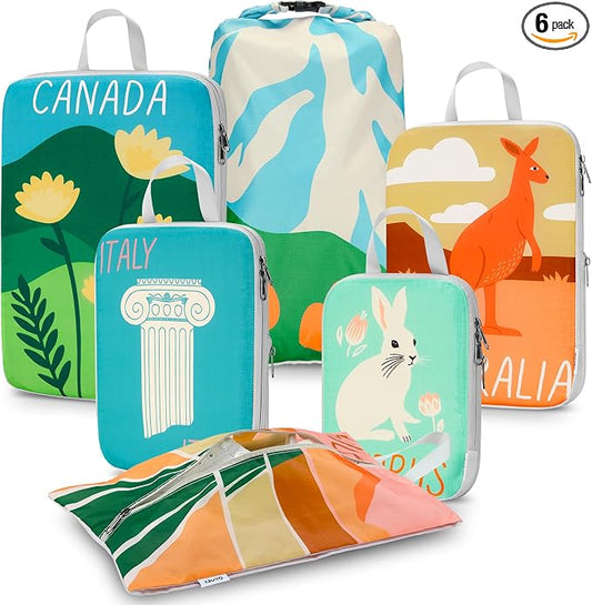 Gonex Compression Packing Cubes, 6pcs Expandable Storage Travel Luggage Bags Organizers with Shoe Bag Laundry Bag, Travel Cubes for Suitcase Carry On (Global Symbols) by Gonex