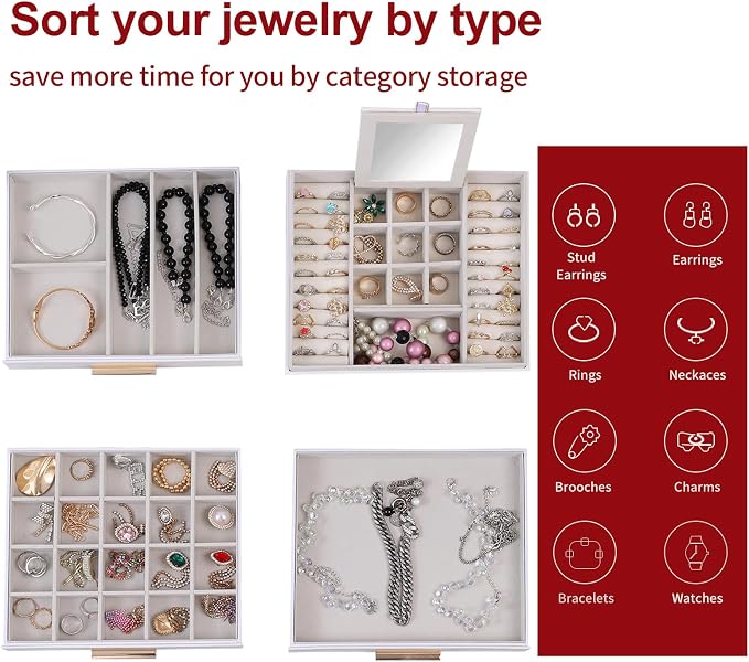 BOOVO Clear Lid Jewelry Box,3 Layers Jewelry Organizer Large Jewelry Storage Box with 2 Drawers,Jewelry Holder Organzier of Rings Earrings Necklace Bracelets for Women (White, 4 Layer) - Image 3