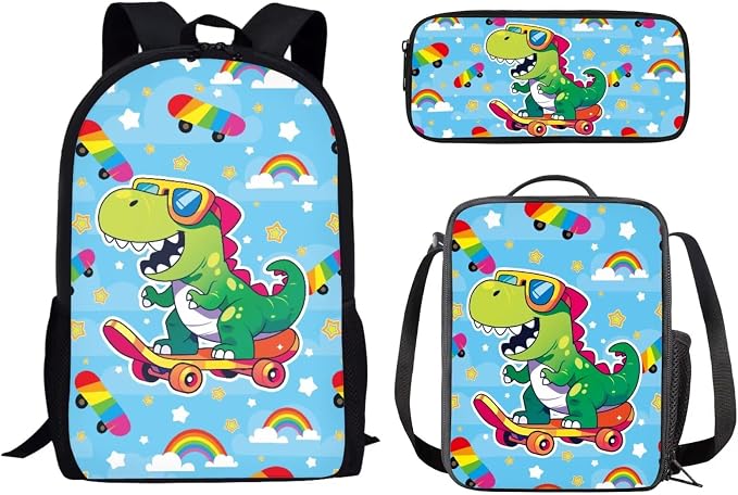 Mumeson Cartoon Dinosaur 3 Piece Backpack Set for Boys Girls,17inch Bookbags with Lunch Bag and Pen Case Bag Cool High School Book Packs Satchel Laptop Bags by Mumeson