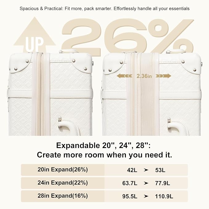 NZBZ Vintage Luggage Sets for Women Retro Suitcase Cute Vintage Expandable Luggage of 3 (Pure White, 20inch & 24inch & 28inch) - Image 4