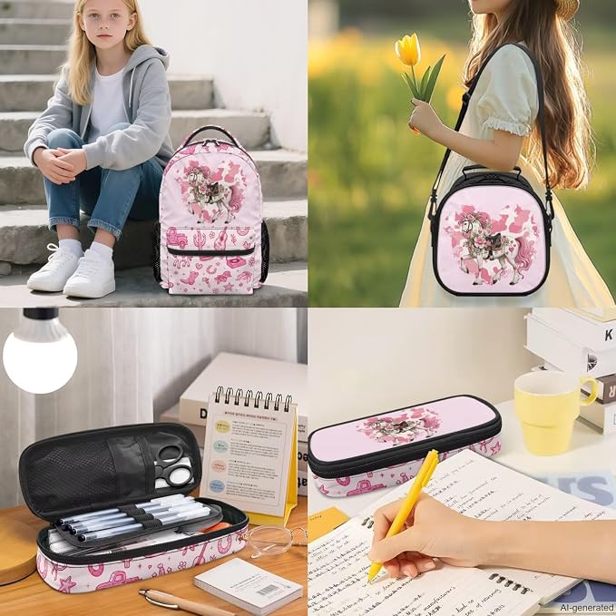 Floral Cowgirl Horse Girls Backpack Set 4-Piece, Waterproof Lightweight School Bag with Insulated Lunch Box & Pencil Case, Cute Western Bookbag Back to School - Image 2