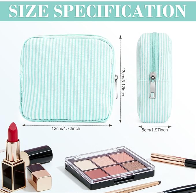 Giesiery 8 Pcs Seersucker Makeup Bags Striped Cosmetic Bags Bulk Organizer for Women Preppy Travel Toiletry Pouch for Wedding Bridesmaid Gifts (Lakeblue, Mini) - Image 2