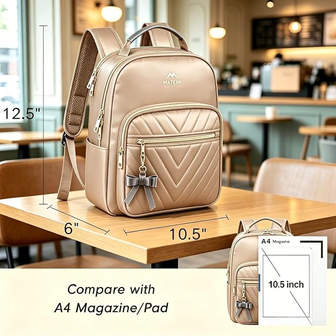 MATEIN Small Backpack Purse for Women, Mini Bookbag, 2pcs Sets, Champagne | Casual Daily Handbags Shoulder Bag, Waterproof Fashion Cute Backpack, Ladies Girls Daypack, for Travel Work School College - Image 3