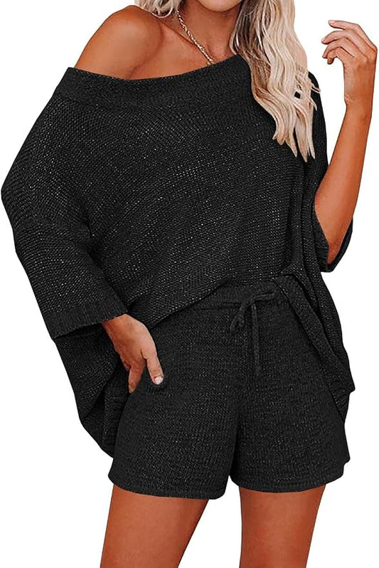 Ermonn Womens 2 Piece Outfits Sweater Sets Off Shoulder Knit Tops Waist Short Suits Casual Pajama Set by Ermonn