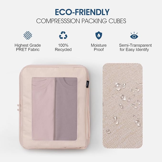 Compression Packing Cubes - Travel Organizer Bags for Suitcases and Luggage, Eco-Friendly Fabric (5-Pack) (Beige) - Image 4