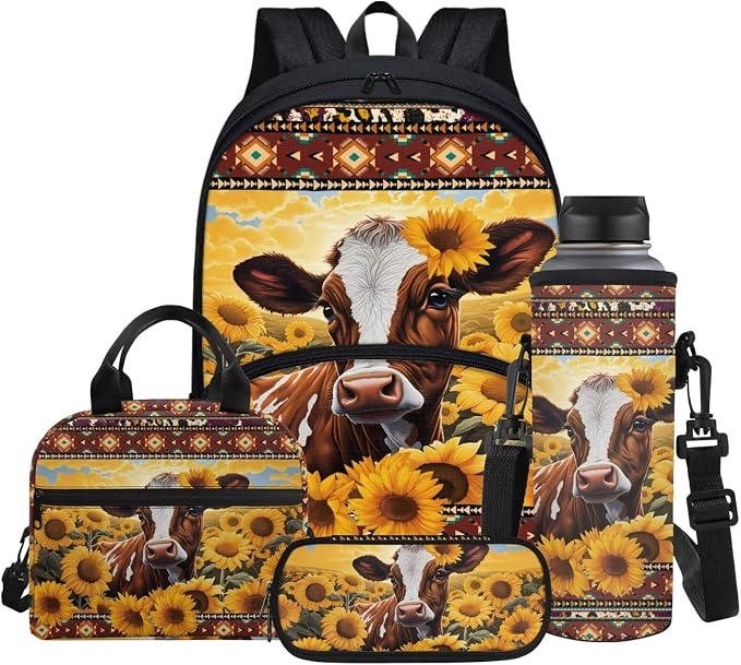 Aztec Cattle Sunflowers Print 4pcs Backpack Set for Kids, Teenage Students Bookbag with Lunch Bag & Pen Pouch & Water Bottle Cover for School Sport Travel by Glomenade