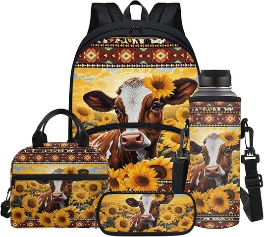 Aztec Cattle Sunflowers Print 4pcs Backpack Set for Kids, Teenage Students Bookbag with Lunch Bag & Pen Pouch & Water Bottle Cover for School Sport Travel by Glomenade