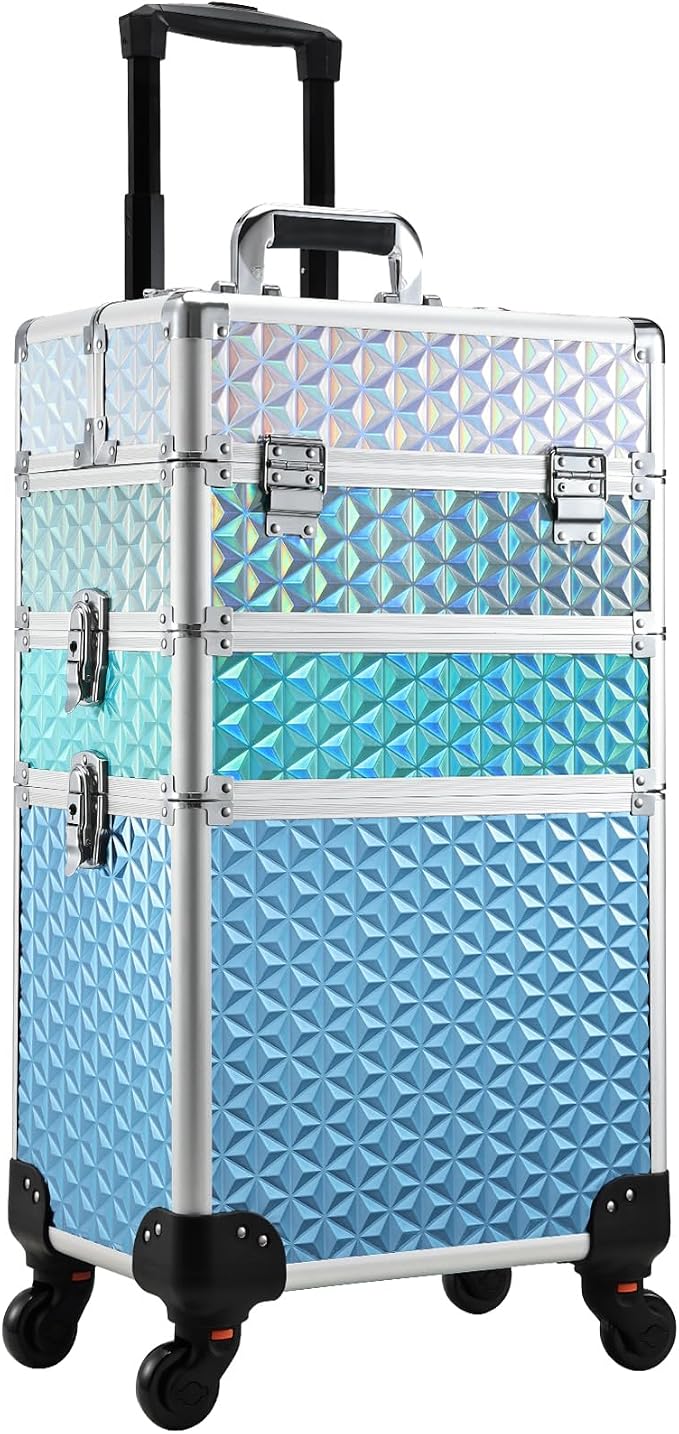 Professional Rolling Makeup Train Case 3 in 1 Aluminum Trolley Case with 360° Rotation Wheels for Makuep Artist Cosmetic Suitcase Organizer with Lock and Key Diamond Pattern - Turquoise Cascade by AdazzoRollingMakeupCase