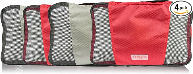 Medium Packing Cubes for Travel - 4 Piece Luggage Organizer Cubes for Carry On Luggage Backpack and Carry On Suitcase with Unique Number and Color Coded System - Dual Zippers, Top Handle, Red and Grey by Compass+Rose+Travel+Accessories