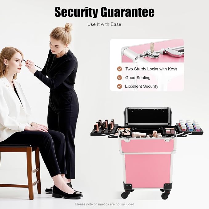 Makeup Train Case, Large Cosmetic Trolley with Locks, Aluminum Alloy Beauty Train Case Organizer, Pink - Image 4