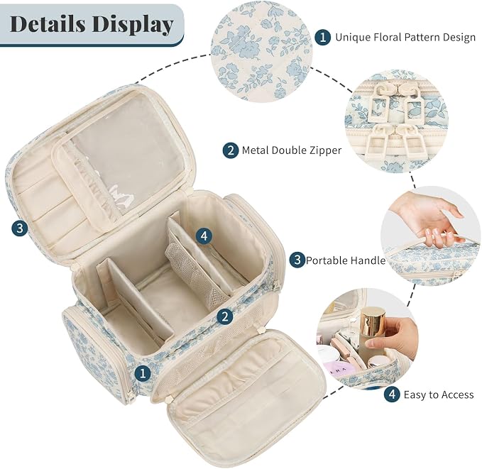 Makeup Bag Set, Travel Makeup Bag Organizer for Women Cute Floral Cosmetic Pouch Large Capacity with Makeup Brush Compartment, Cosmetic Travel Bag with Divider and Handle Toiletry Bag - Floral - Image 3