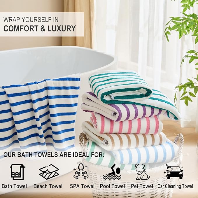 JML Microfiber Beach Towels, 6 Pack, 27" x 55", Large Bath Towel Set for Adult- Cabana Stripe - Absorbent, Quick Drying Lint-Free, No Fading for Summer Party, Pool, Sport, Yoga, Swimming, Dark Green - Image 6