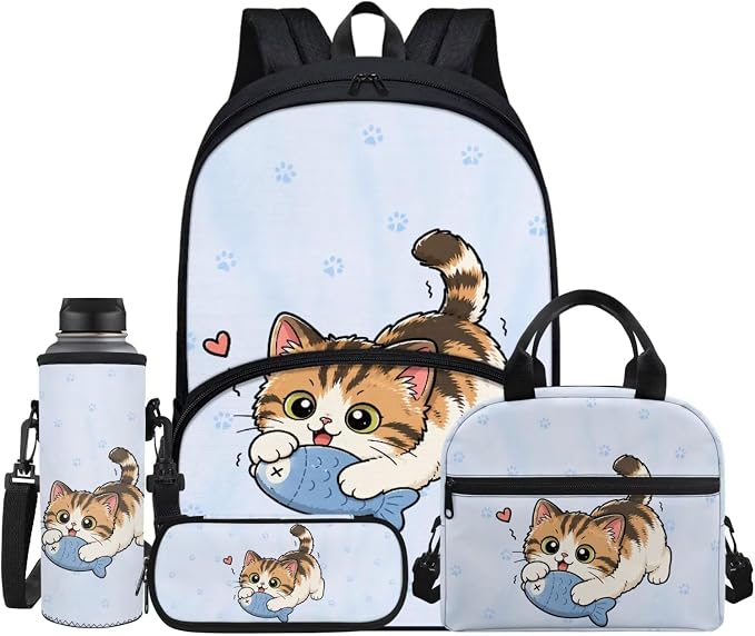Cute Cat Fish Kids Backpack for Boys Girls, Blue Paw School Bookbag Set 4 in 1, Kids School Book Bag Schoolbag Lunch Box Pencil Case Water Bottle Holder for Elementary Senior Year School by Jndtueit