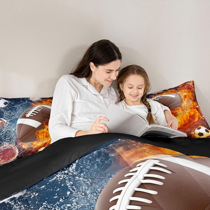 Erosebridal Football Comforter Set Queen Rugby Sports Bedding Set for Teen Boys Kids,Soccer Basketball Baseball Comforter Red Blue Water Fire Lightning Quilt Duvet Insert Bedroom Decor 2 Pillow Cases - Image 3