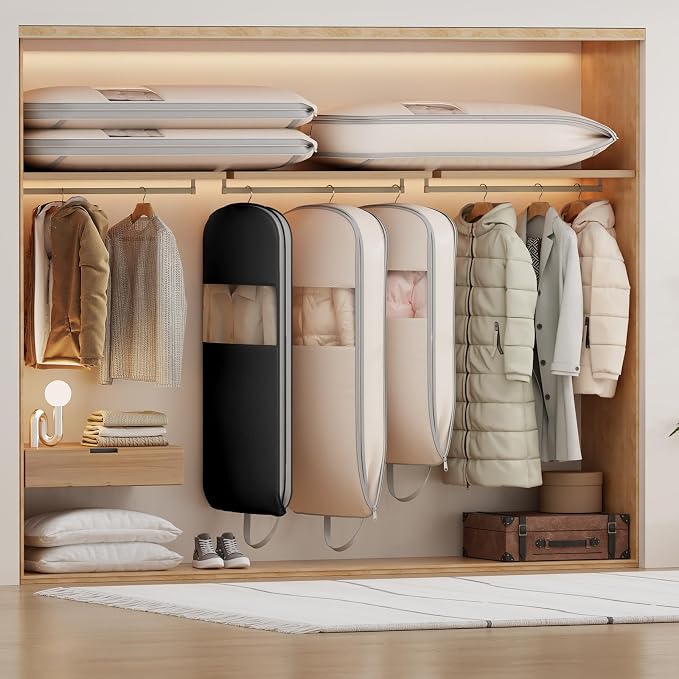DIMJ 4 Pack 43" Space Saving Garment Bags for Hanging Clothes With Compression Zipper Carry Handles and Window, Washable Suit Bag for Dress, Clothes, Coats, Down Jacket, Closet, Moving, Travel - Image 5