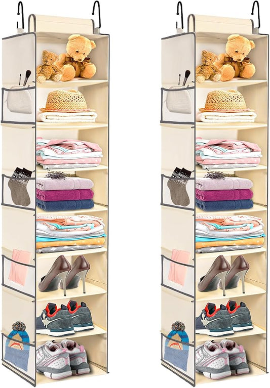 2 Pack Large-Sized Hanging Shoe Organizer 8-Shelf, Hanging Closet Organizer with 8 Side Pockets, Wider Hanging Shelves for Storage Shoes Clothes 9" W × 11.8" D× 48" H, Beige. by ROOMTALK