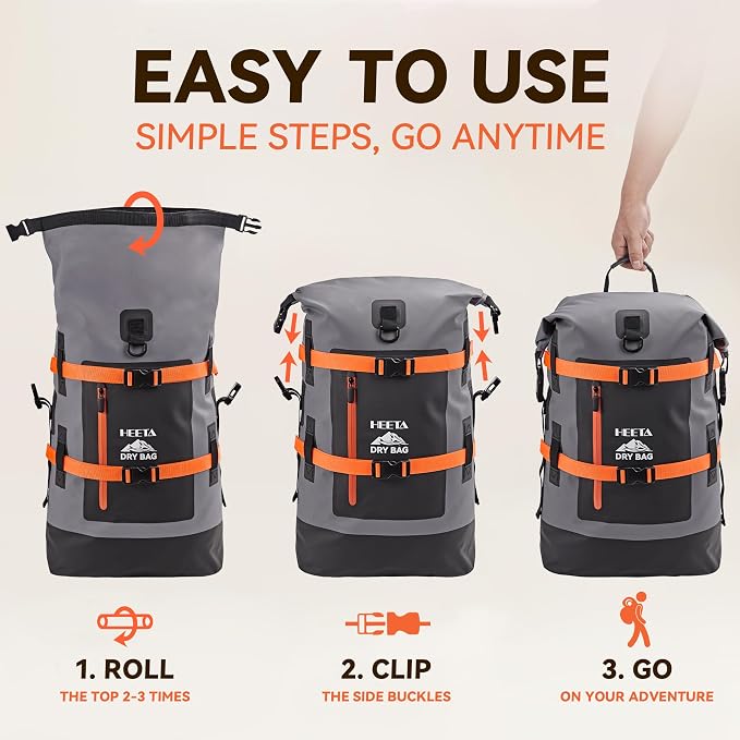 HEETA Dry Bags Waterproof Backpack 40L for Men & Women, Roll Top Heavy Duty Cushioned Hiking Backpack for Kayaking Boating Paddle Boarding Fishing Travel Camping Beach Vacation Cruise Ship Essentials - Image 3