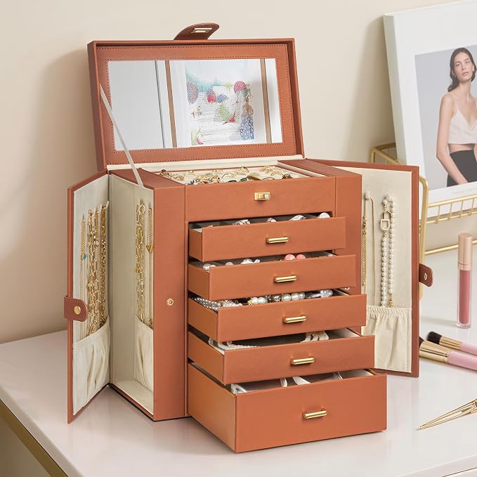 AKOZLIN 6-Tier Jewelry Box Organizer Functional 5 Drawers Leather Jewelry Storage Case for Women Girls Ring Necklace Earring Bracelet Holder Organizer with Mirror Extra Large Orange - Image 7