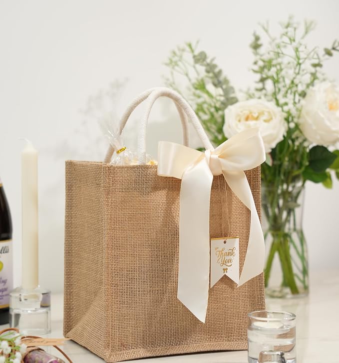 JollyFayre Small Burlap Gift Bags 10 Pack for Wedding Welcome, Bachelorette, Beach, Bridesmaid - Reusable Bulk Jute Bags with Cream Ribbons - Image 2