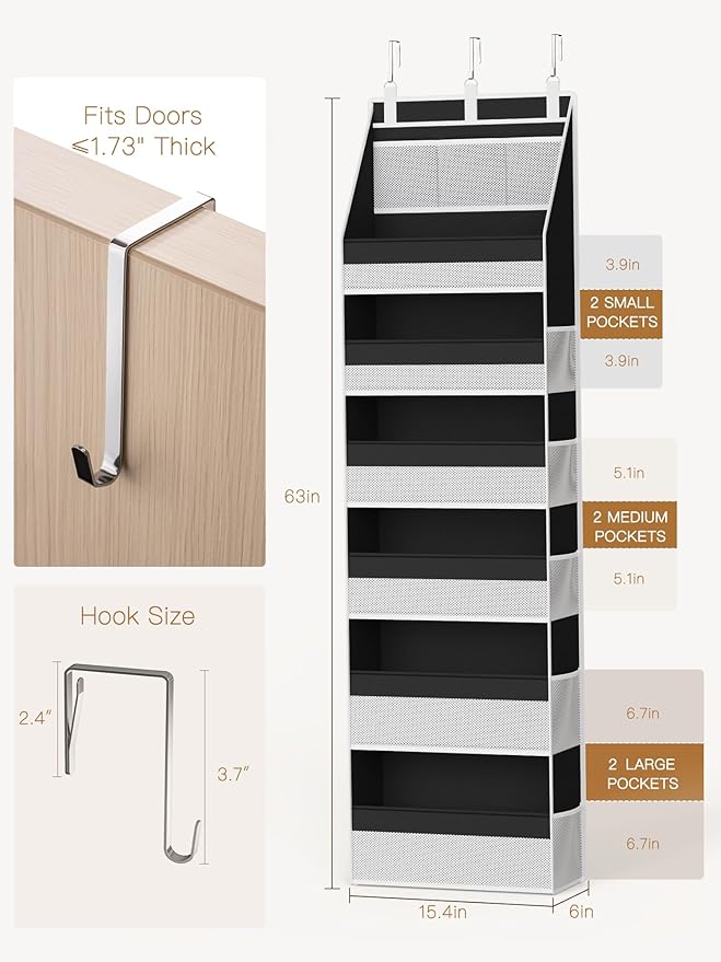 Criusia 2 Pack Over the Door Organizer, Heavy-Duty 6-Shelf Hanging Storage with 13 Mesh Pockets, 55lbs Capacity Behind the Door Storage for Nursery, Bathroom, Bedroom, and Dorm, Black - Image 2