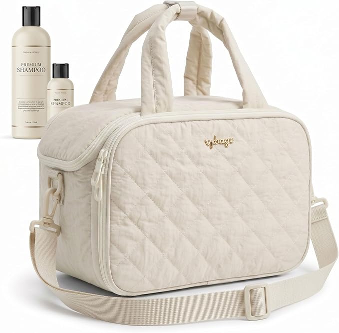 VPBAGE Large Quilted Toiletry Bag for Women, Puffy Travel Makeup Organizer with Removable Divider & Shoulder Strap, Waterproof Standing Cosmetic Case for Full-Size Toiletries, Gym, Vacation by VpbageGear