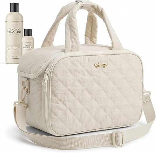 VPBAGE Large Quilted Toiletry Bag for Women, Puffy Travel Makeup Organizer with Removable Divider & Shoulder Strap, Waterproof Standing Cosmetic Case for Full-Size Toiletries, Gym, Vacation by VpbageGear