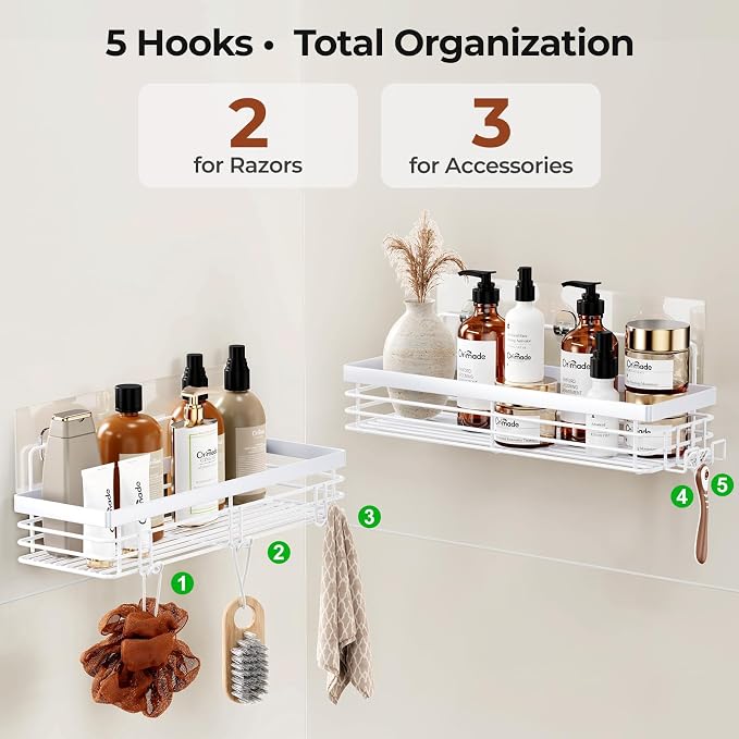 Orimade Shower Caddy with 5 Hooks for Hanging Razor and Sponge Adhesive Shower Shelf Basket Bathroom Storage Organizer Kitchen Rack No Drilling Stainless Steel Rustproof - 2 Pack,White - Image 7