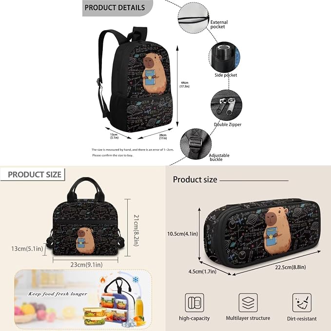 Black Capybara Print Kids Backpacks for Elementary School Bookbag Set with Lunch Bag and Pencil Pouch, Set 3 in 1 Back to School Supplies - Image 7
