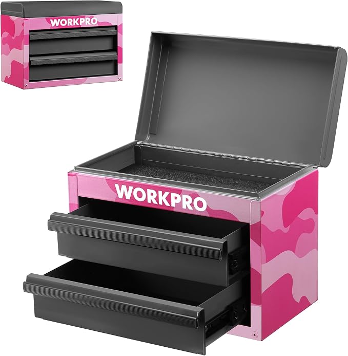WORKPRO Metal Mini Tool Box with 2 Drawers and Top Storage | Cold Rolled Steel Toolbox, Ball Bearing Slides, PVC Drawer Liners, PP Feet Pads, Durable Storage by WORKPRO