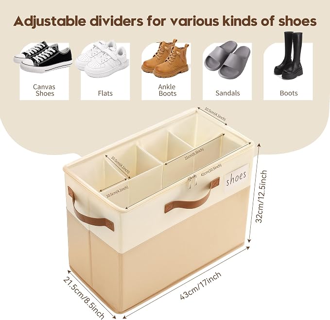 Varhomax Shoe Organizer Box for Closet, Small Fabric Shoe Storage Bin with Adjustable Dividers & Clear Cover, Saving Space Sneakers & Sandals Containers for Entryway, Cubby - Image 3